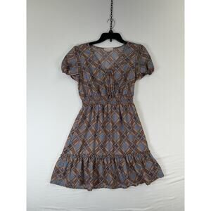 Bebop Dress Womens Medium Brown Blue Plaid Short Sleeve Ruffle Hem Mini Tie